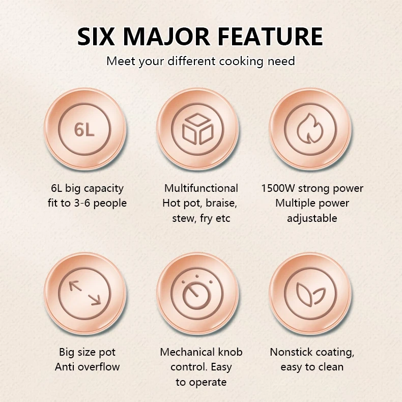 6L Hot Pot Cooker Soup Cooker Nonstick Coating Mechanical Knob Control Electric Multifunctional Cooker