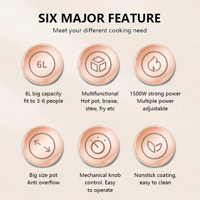 6L Hot Pot Cooker Soup Cooker Nonstick Coating Mechanical Knob Control Electric Multifunctional Cooker