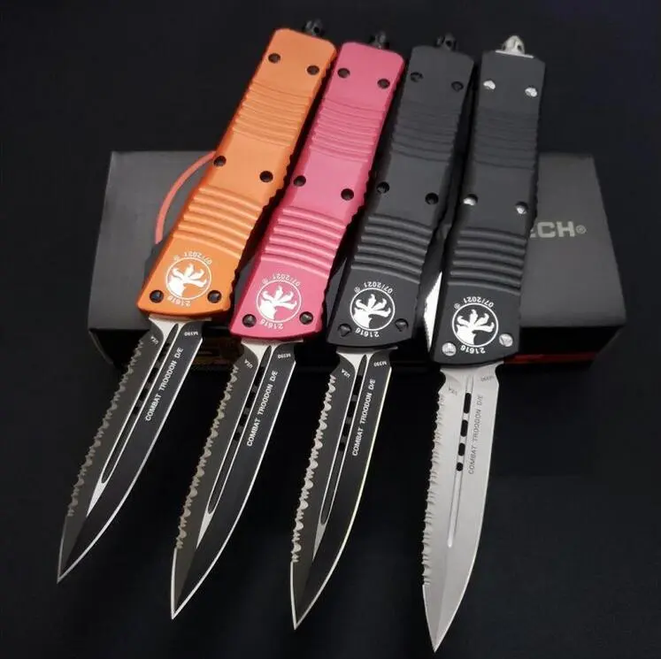 Microtech Troodon AUTO OTF Knife 3.74" M390 Serrated Double Edge Blade, Aviation Aluminum Handles