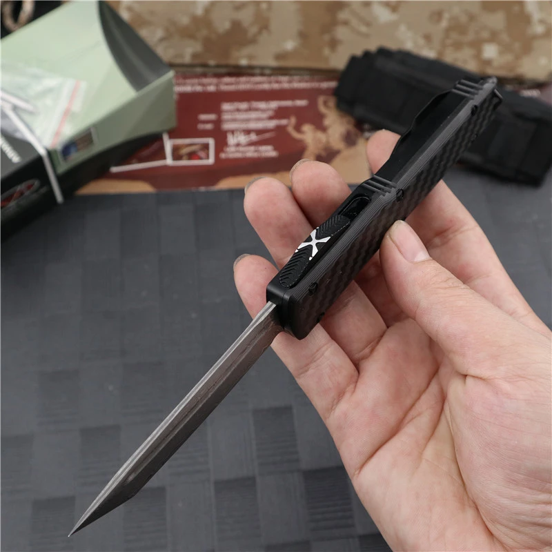 Microtech Ultratech UTX-70 OTF AUTO Knife 3.46" Damascus Plain Blade, Aviation Aluminum Handles