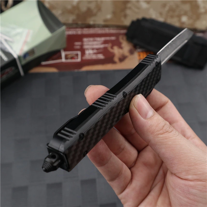Microtech Ultratech UTX-70 OTF AUTO Knife 3.46" Damascus Plain Blade, Aviation Aluminum Handles