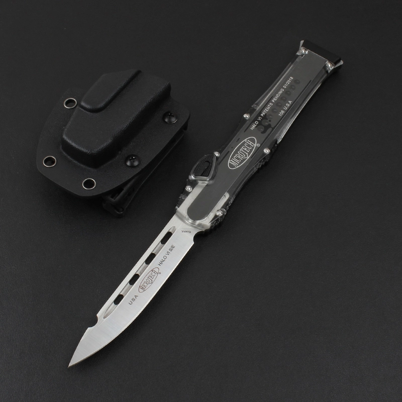 Microtech Marfione Custom Knives Halo VI OTF AUTO 4.33" Elmax Blade, Black Aluminum Alloy+ABS Handles