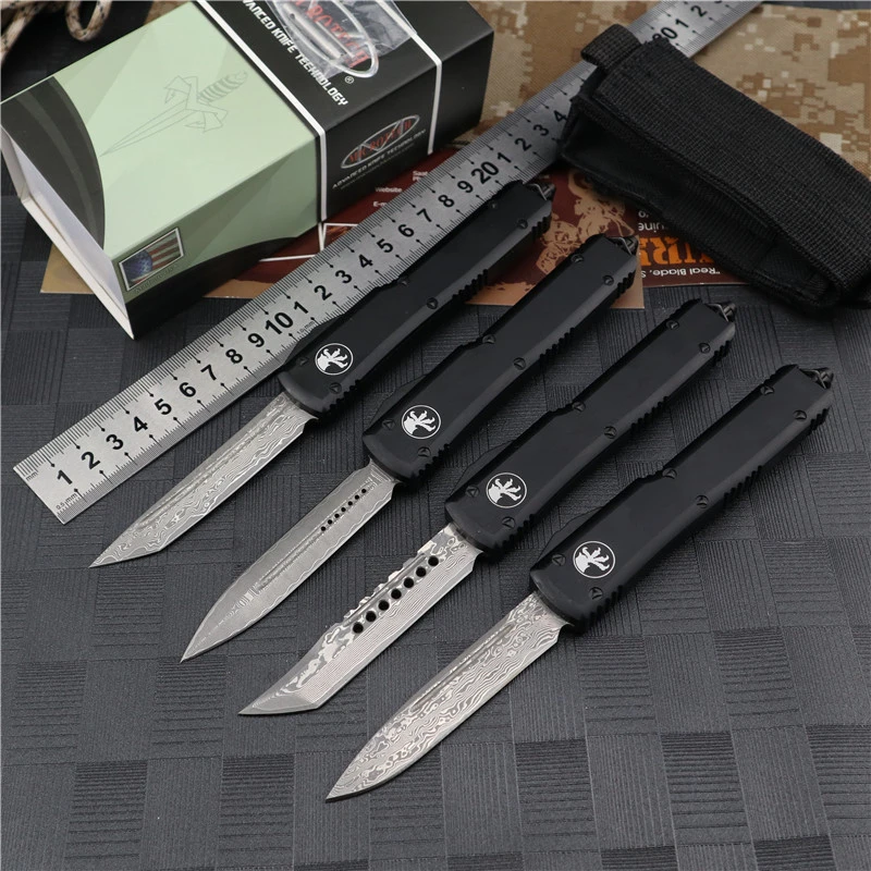 Microtech Ultratech UTX-70 OTF AUTO Knife 3.46" Damascus Plain Blade, Aviation Aluminum Handles