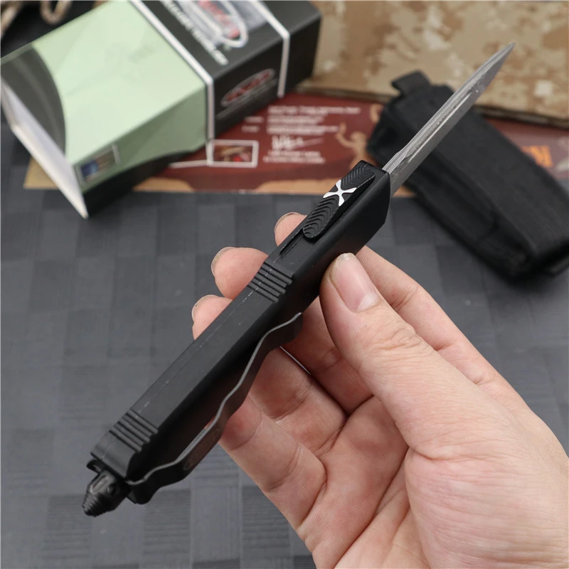 Microtech Ultratech UTX-70 OTF AUTO Knife 3.46" Damascus Plain Blade, Aviation Aluminum Handles