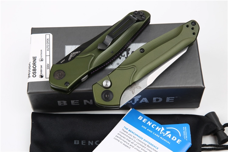 Benchmade 9400 Osborne AUTO Folding Knife 3.26" S30V Satin Plain Blade, Green Aluminum Handles