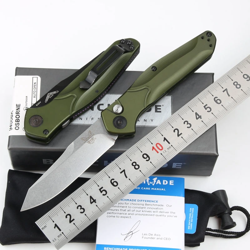 Benchmade 9400 Osborne AUTO Folding Knife 3.26" S30V Satin Plain Blade, Green Aluminum Handles