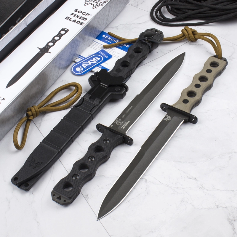 Benchmade 185BK SOCP Fixed Blade Knife 7.08" CPM-3V Black Double Edge Plain Dagger Blade, Black G10 Handles