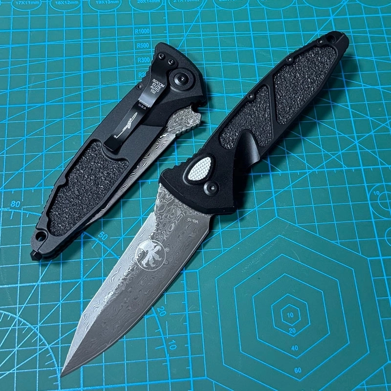 Microtech 160A Socom Elite AUTO Folding Knife  Damascus Blade, Black Aluminum Handles