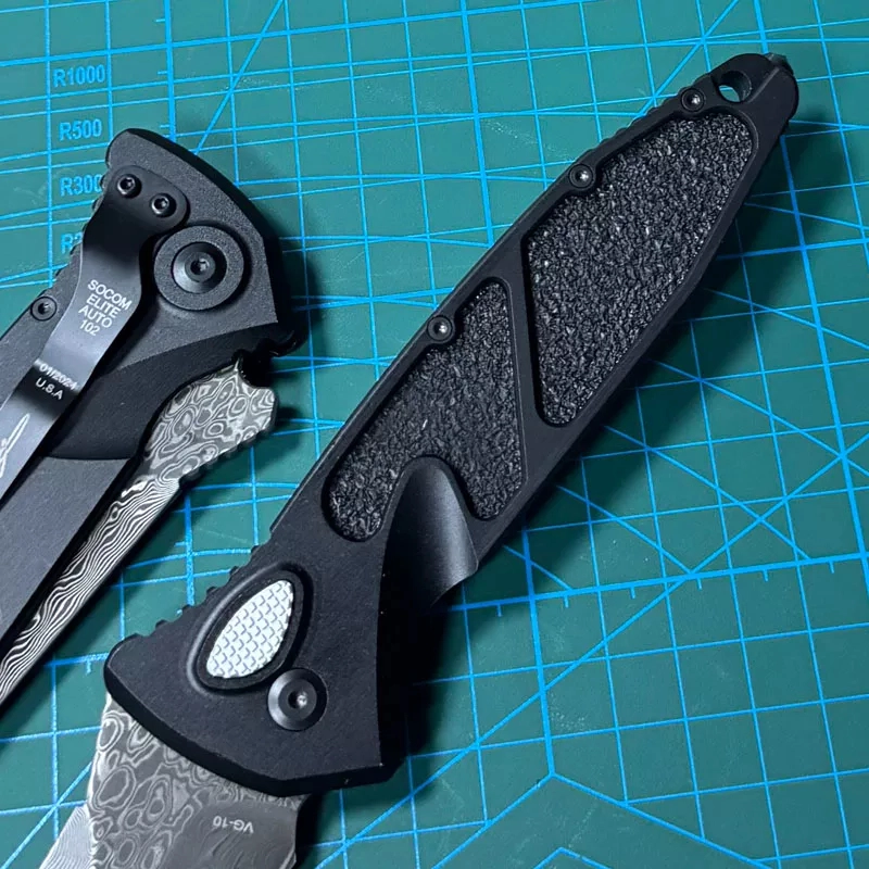 Microtech 160A Socom Elite AUTO Folding Knife  Damascus Blade, Black Aluminum Handles