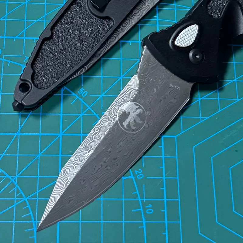 Microtech 160A Socom Elite AUTO Folding Knife  Damascus Blade, Black Aluminum Handles