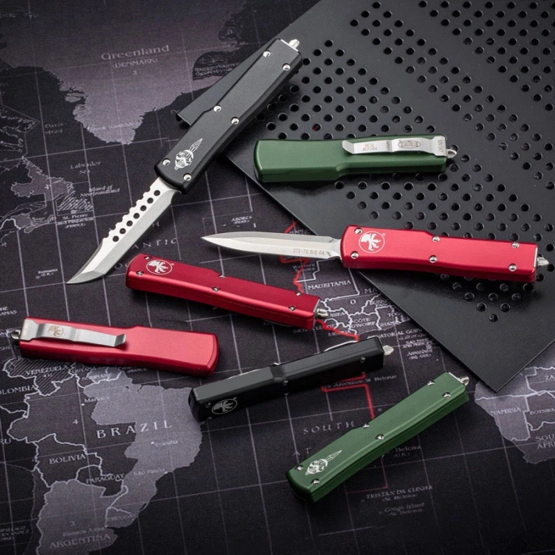 Mini Microtech Custom Knives UTX-70 OTF AUTO Knife 2.4" D2 Blade, Aviation Aluminum Steel Handles