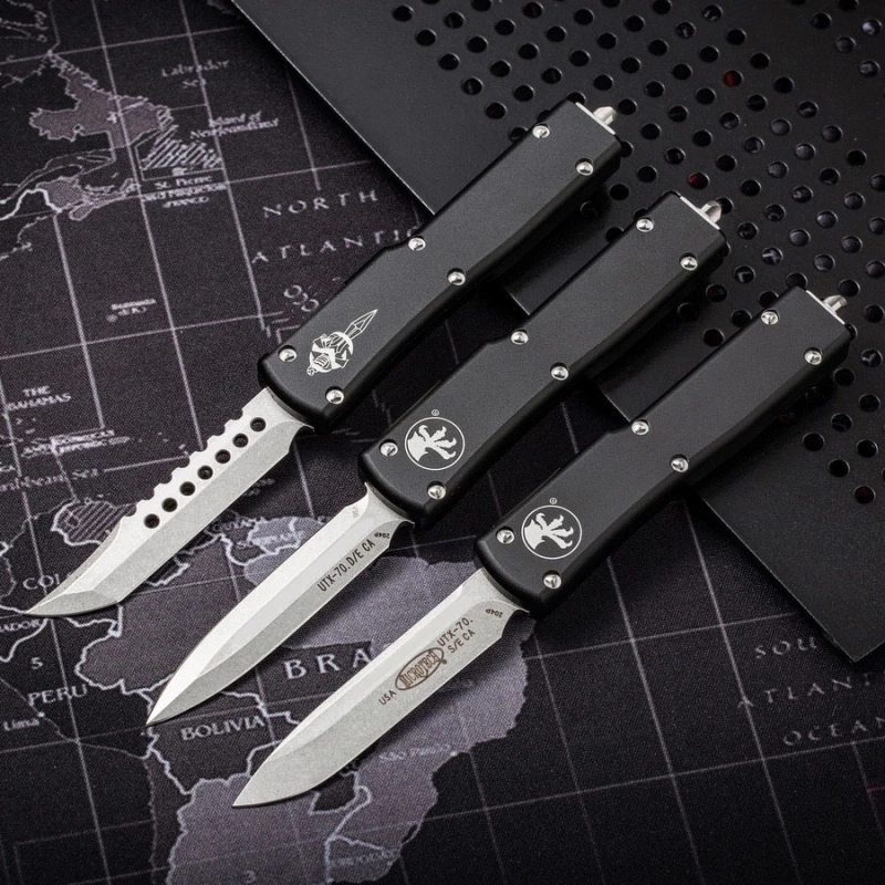 Mini Microtech Custom Knives UTX-70 OTF AUTO Knife 2.4" D2 Blade, Aviation Aluminum Steel Handles