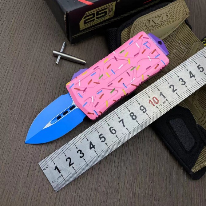 Microtech 2styles pink Mini Donut Exocet knives OTF Money Clip AUTO Knife 1.96" D2 Blade Aviation Aluminum Handles