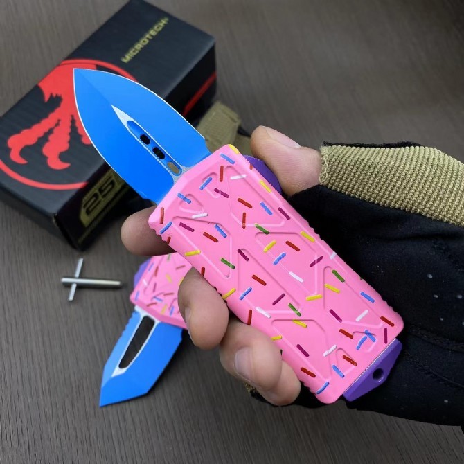 Microtech 2styles pink Mini Donut Exocet knives OTF Money Clip AUTO Knife 1.96" D2 Blade Aviation Aluminum Handles