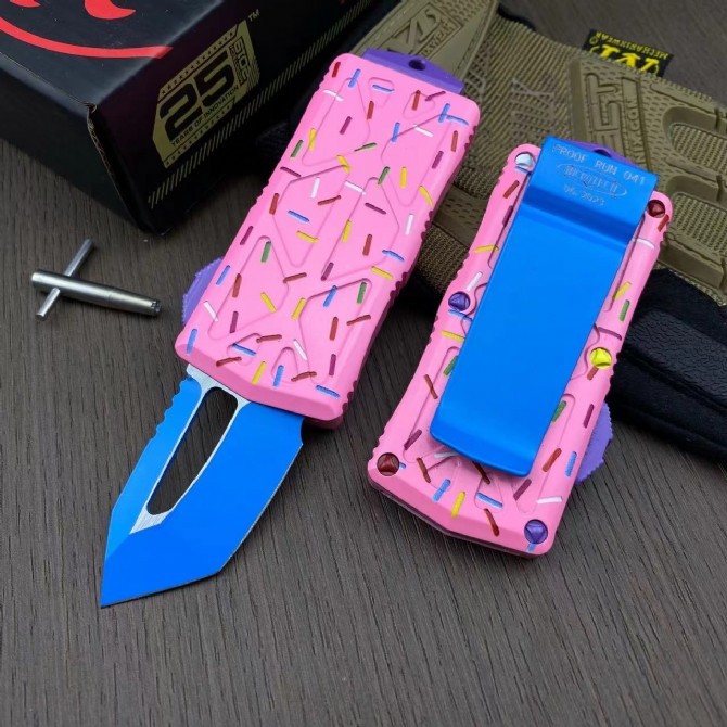 Microtech 2styles pink Mini Donut Exocet knives OTF Money Clip AUTO Knife 1.96" D2 Blade Aviation Aluminum Handles