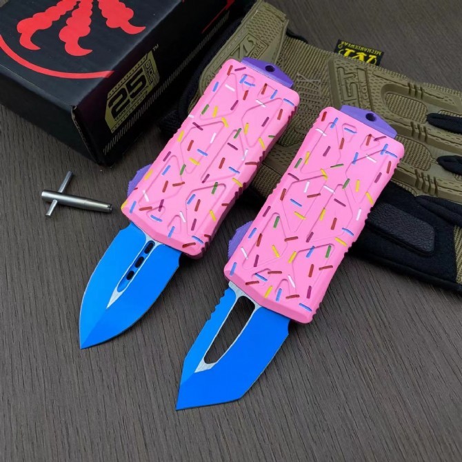 Microtech 2styles pink Mini Donut Exocet knives OTF Money Clip AUTO Knife 1.96" D2 Blade Aviation Aluminum Handles