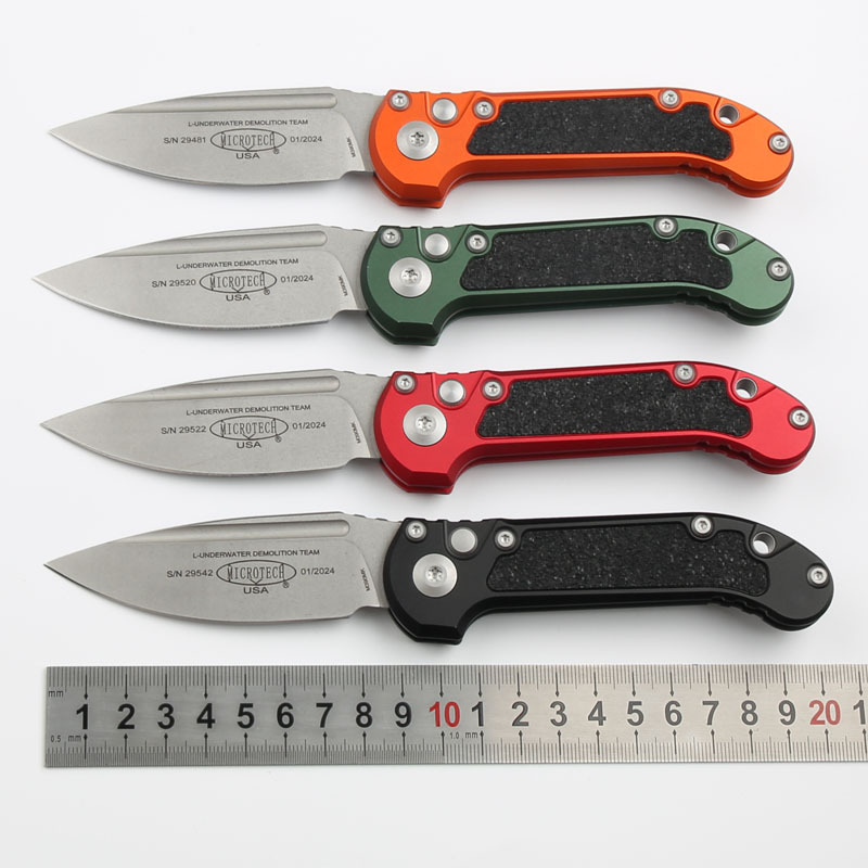 Microtech LUDT Gen III Drop Point AUTO Folding Knife 3.22" M390MK Stonewashed Plain Blade, Black Aviation Aluminum Handles