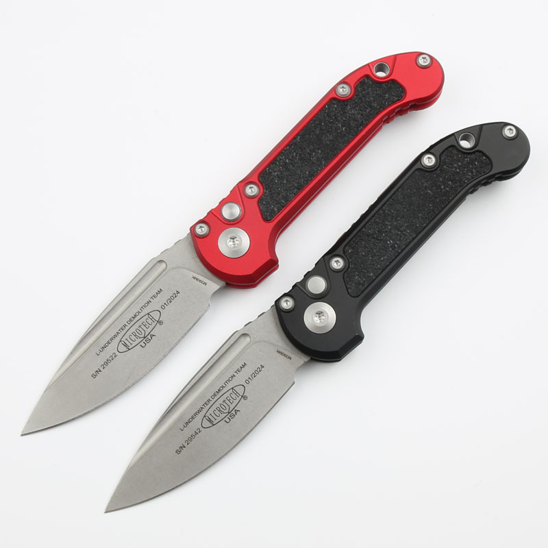 Microtech LUDT Gen III Drop Point AUTO Folding Knife 3.22" M390MK Stonewashed Plain Blade, Black Aviation Aluminum Handles