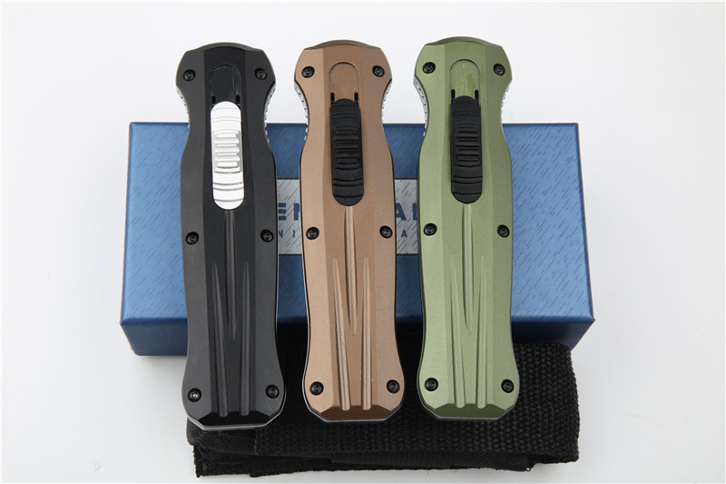 Benchmade 3320 3colors Knife Infidel Dagger AUTO OTF 3.85" D2 Black Double Edge Blade, Aluminum Handles
