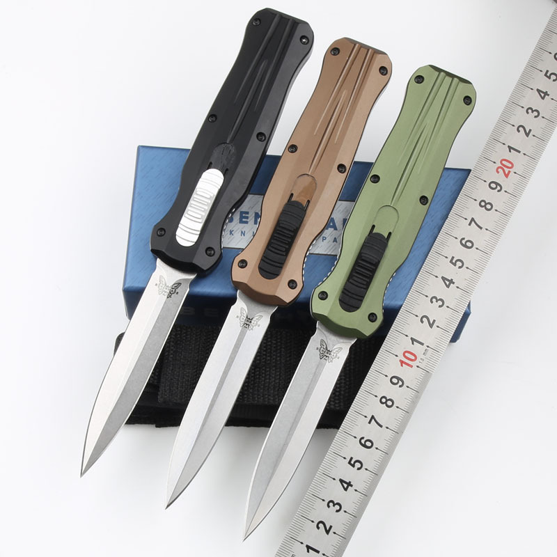 Benchmade 3320 3colors Knife Infidel Dagger AUTO OTF 3.85" D2 Black Double Edge Blade, Aluminum Handles