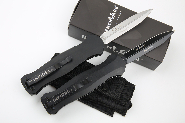 Benchmade 3300BK Knife Infidel Dagger AUTO OTF 3.85" D2 Black Double Edge Blade, Aviation Aluminum Handles