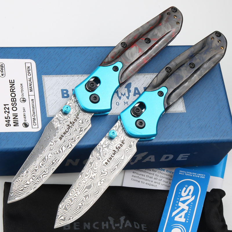 Benchmade 945-221Osborne  Mini Folding Knife 2.91" Damascus Plain Blade, Carbon Fiber+Aluminum Handles