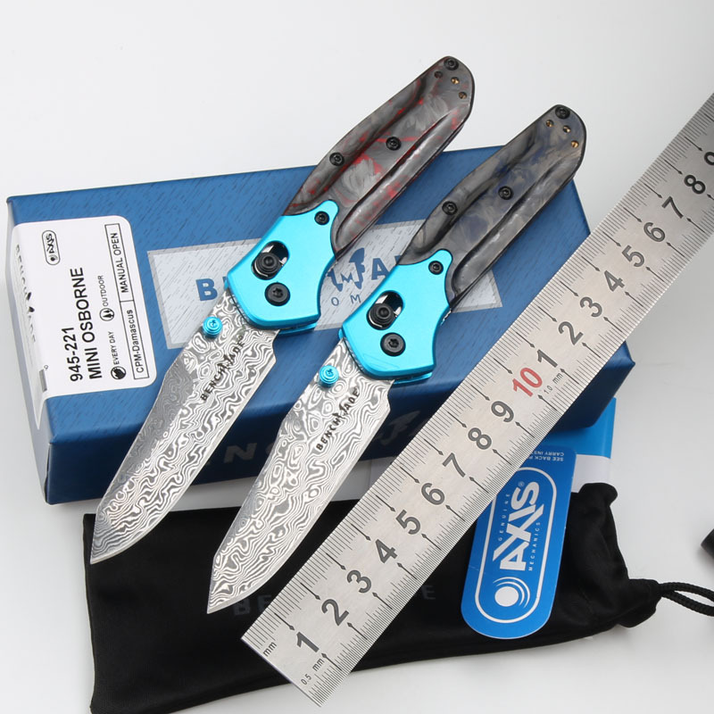Benchmade 945-221Osborne  Mini Folding Knife 2.91" Damascus Plain Blade, Carbon Fiber+Aluminum Handles