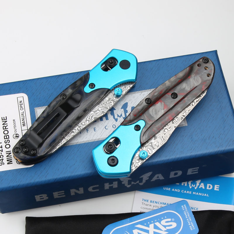 Benchmade 945-221Osborne  Mini Folding Knife 2.91" Damascus Plain Blade, Carbon Fiber+Aluminum Handles