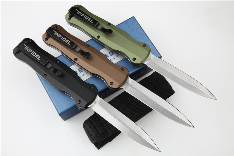 Benchmade 3320 3colors Knife Infidel Dagger AUTO OTF 3.85" D2 Black Double Edge Blade, Aluminum Handles