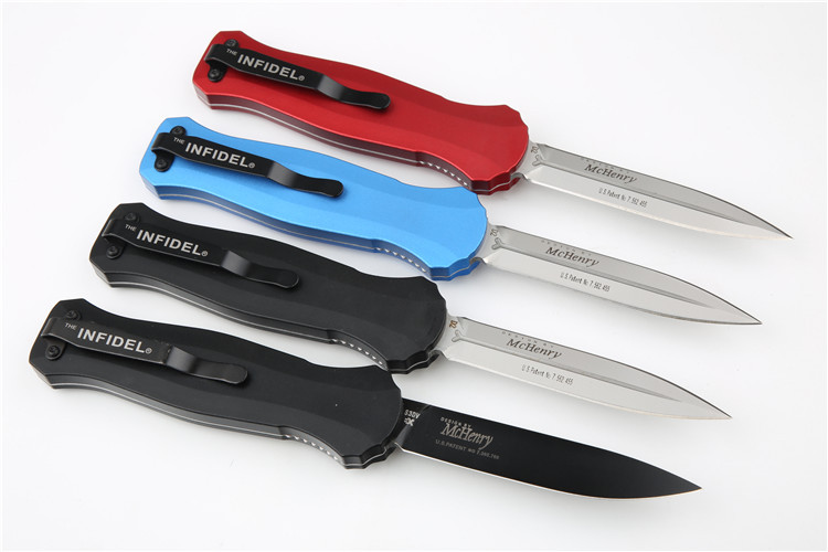 Benchmade 3300BK 4styles knives Infidel Dagger AUTO OTF Knife 3.85" D2 Black Double Edge Blade, Aviation Aluminum Handles