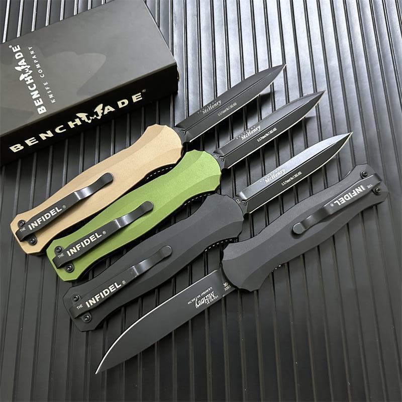 Benchmade 3300BK 4styles Knives Infidel Dagger AUTO OTF Knife 3.85" D2 Black Double Edge Blade, Aviation Aluminum Handles