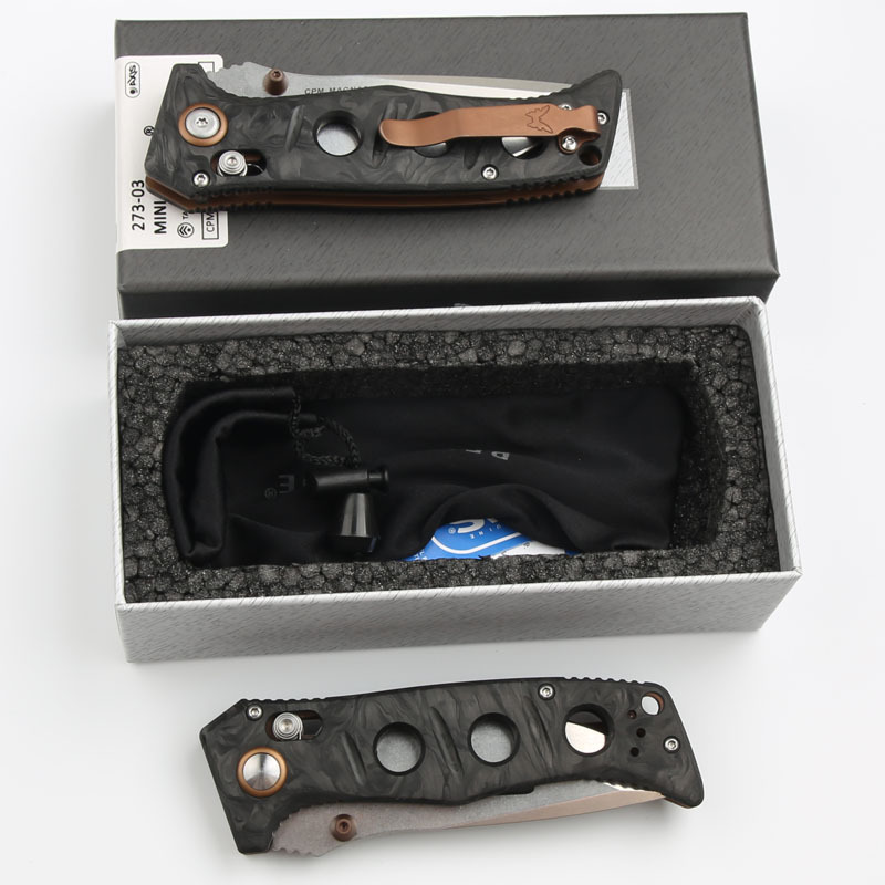 Benchmade 273-03 Mini knifes Shane Sibert Adamas Folding Knife 3.26" CPM-MagnaCut Satin Plain Blade, Marbled Carbon Fiber Handles
