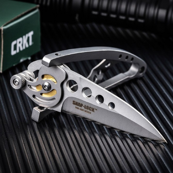 CRKT 5102 Ed Van Hoy Snap Lock Folding Knife 2.01" D2 Plain Blade, Stainless Steel Handles