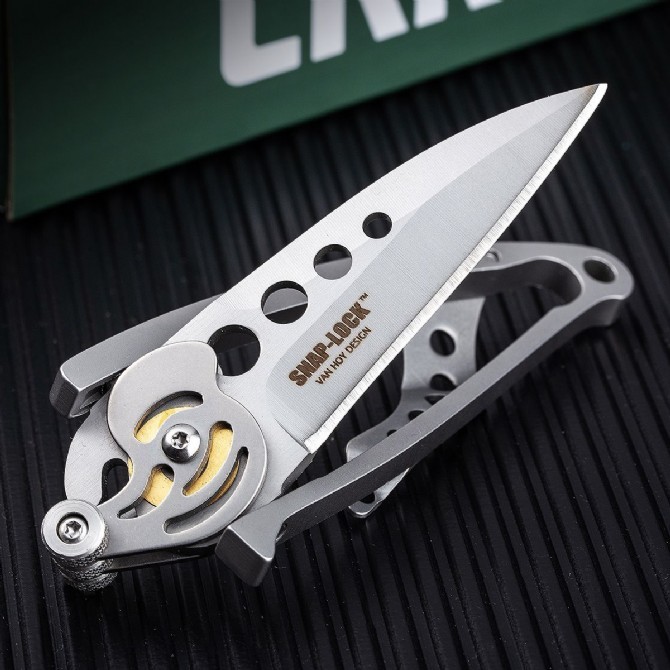 CRKT 5102 Ed Van Hoy Snap Lock Folding Knife 2.01" D2 Plain Blade, Stainless Steel Handles