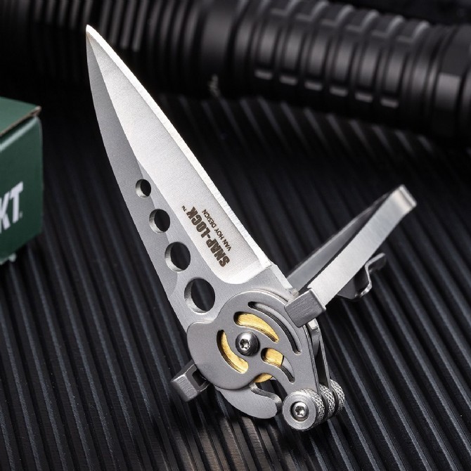 CRKT 5102 Ed Van Hoy Snap Lock Folding Knife 2.01" D2 Plain Blade, Stainless Steel Handles