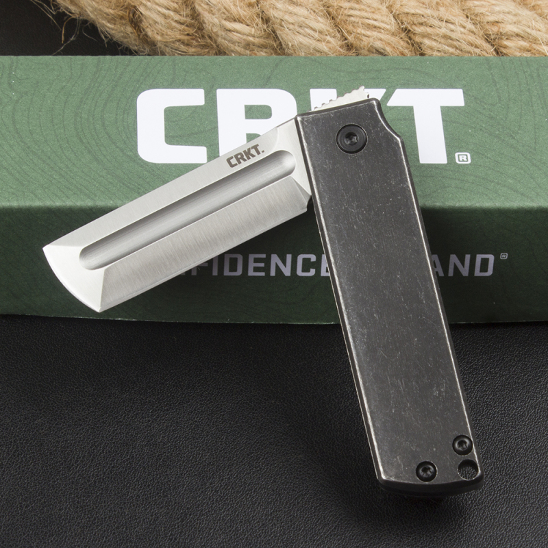 CRKT 5915 Frame Lock Flipper Knife 2.19" 8Cr13Mov Satin Modified Tanto Blade, Dark Stonewashed Steel Handles