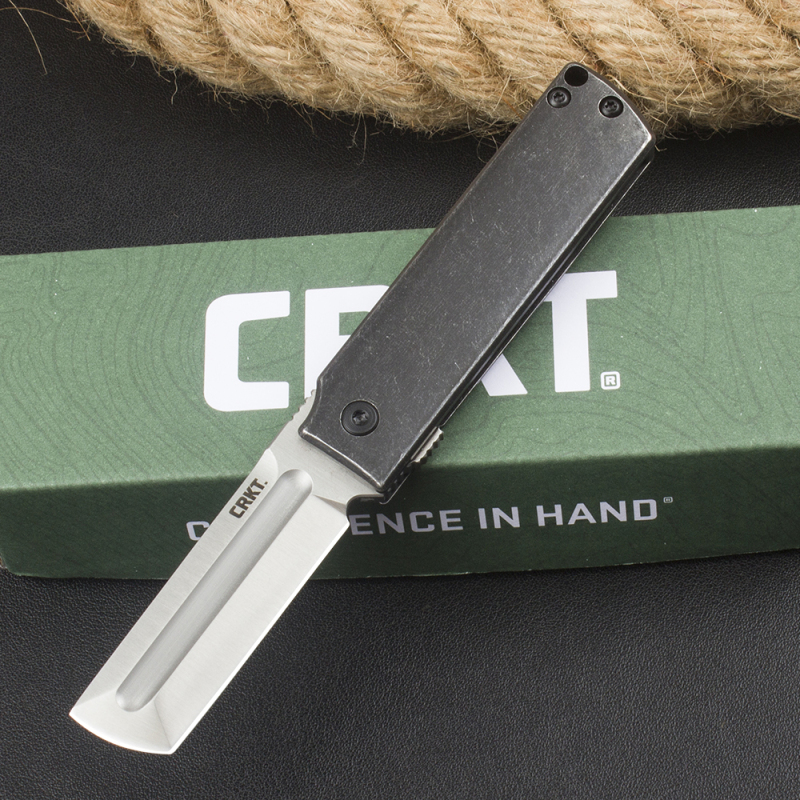CRKT 5915 Frame Lock Flipper Knife 2.19" 8Cr13Mov Satin Modified Tanto Blade, Dark Stonewashed Steel Handles