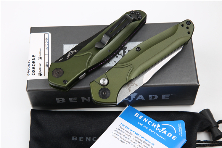 Benchmade 9400 Green Osborne AUTO Folding Knife 3.26" S30V Satin Plain Blade, Green Aluminum Handles