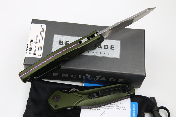 Benchmade 9400 Green Osborne AUTO Folding Knife 3.26" S30V Satin Plain Blade, Green Aluminum Handles