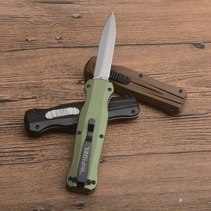Benchmade 3320 Infidel Dagger Knifes AUTO OTF 3.85" D2 Black Double Edge Blade, Aluminum Handles