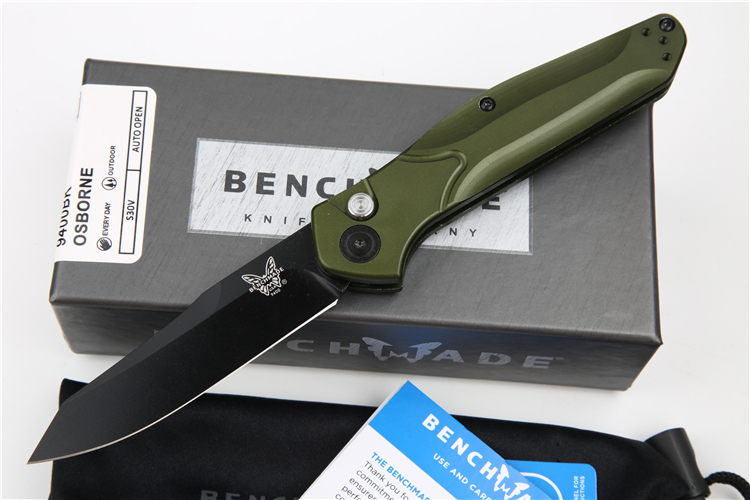 Benchmade 9400 Green Osborne AUTO Folding Knife 3.26" S30V Satin Plain Blade, Green Aluminum Handles