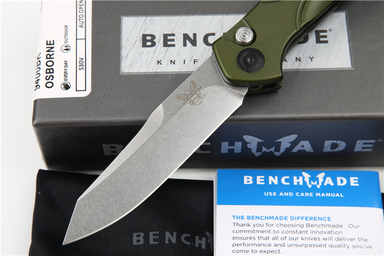 Benchmade 9400 Green Osborne AUTO Folding Knife 3.26" S30V Satin Plain Blade, Green Aluminum Handles