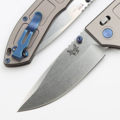 Benchmade 748 Narrows AXIS Knife 3.14" M390 Satin Drop Point Folding Blade, Gray Titanium Handles
