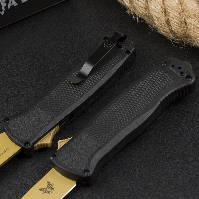 Benchmade 5370FE Knife Shootout OTF AUTO 3.50" CPM-CruWear Gold Tanto Blade, Black CF-Elite Handles