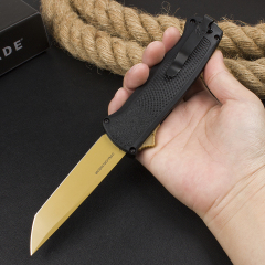 Benchmade 5370FE Knife Shootout OTF AUTO 3.50" CPM-CruWear Gold Tanto Blade, Black CF-Elite Handles