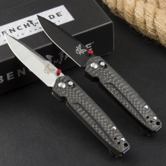 Benchmade 485-3 Knifes Bugout AXIS Folding Knife 2.83" M390 Satin Plain Blade, Carbon Fiber Handles