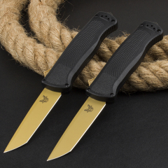 Benchmade 5370FE Knife Shootout OTF AUTO 3.50" CPM-CruWear Gold Tanto Blade, Black CF-Elite Handles
