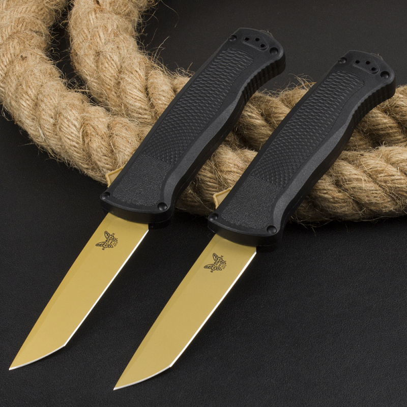 Benchmade 5370FE Knife Shootout OTF AUTO 3.50" CPM-CruWear Gold Tanto Blade, Black CF-Elite Handles