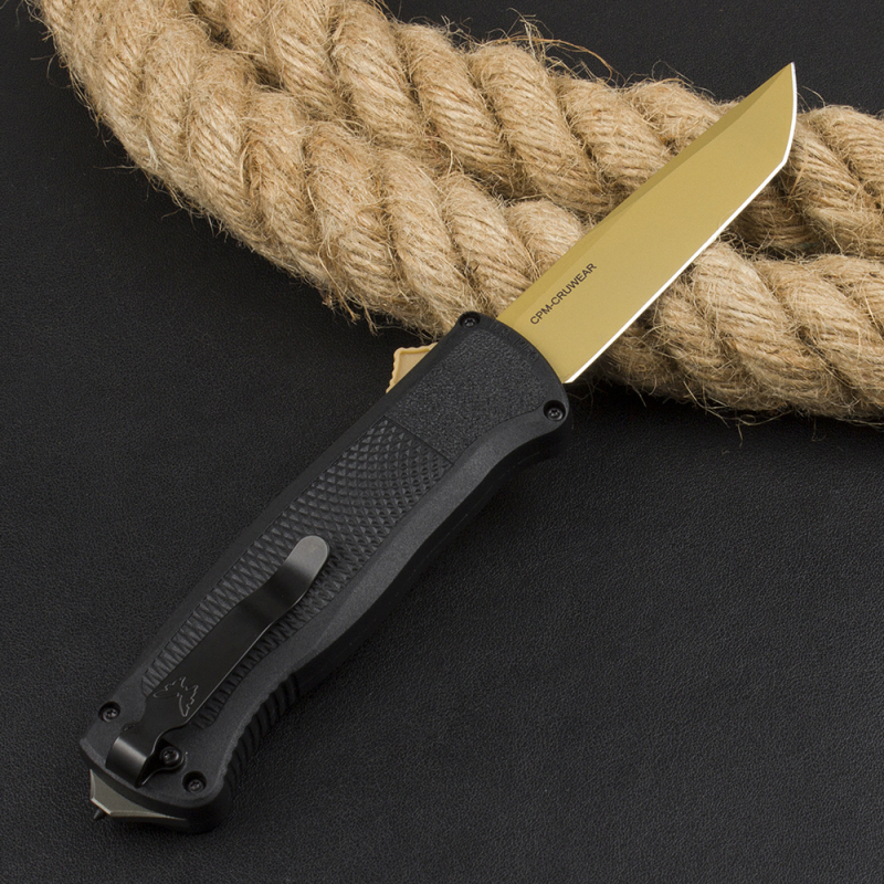 Benchmade 5370FE Knife Shootout OTF AUTO 3.50" CPM-CruWear Gold Tanto Blade, Black CF-Elite Handles