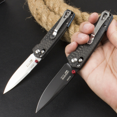 Benchmade 485-3 Knifes Bugout AXIS Folding Knife 2.83" M390 Satin Plain Blade, Carbon Fiber Handles